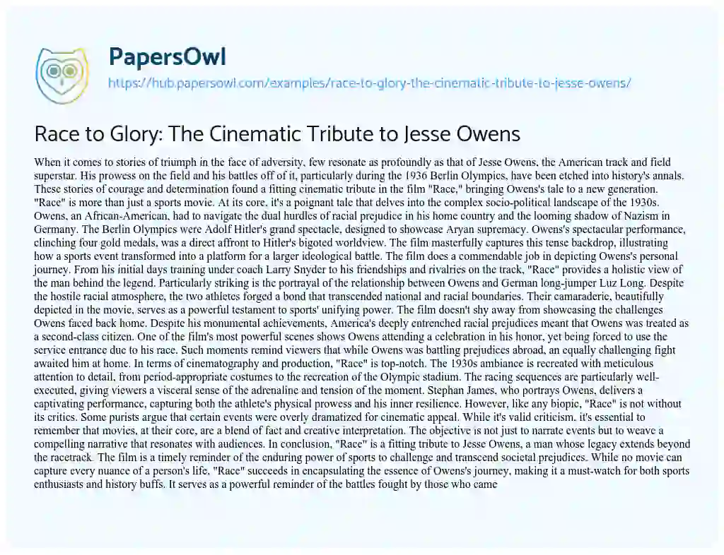 Essay on Race to Glory: The Cinematic Tribute to Jesse Owens