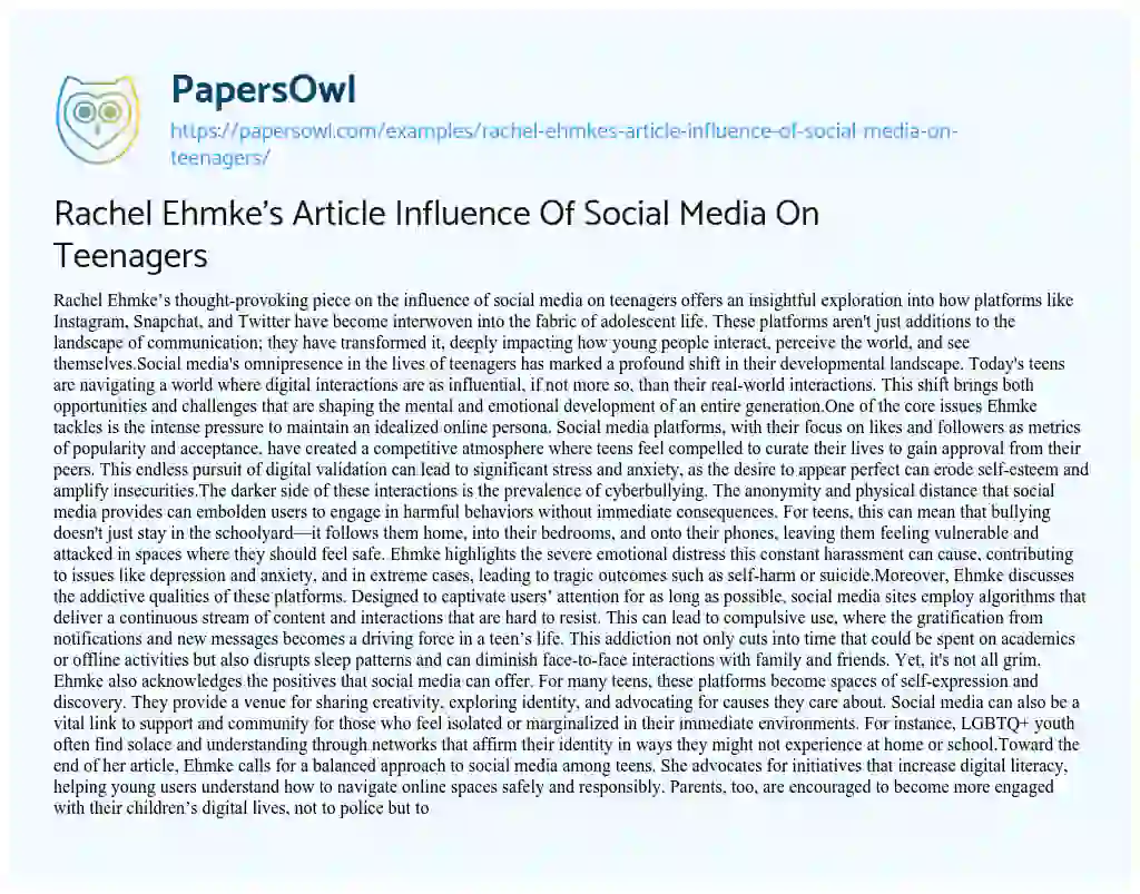 Essay on Rachel Ehmke’s Article Influence Of Social Media On Teenagers