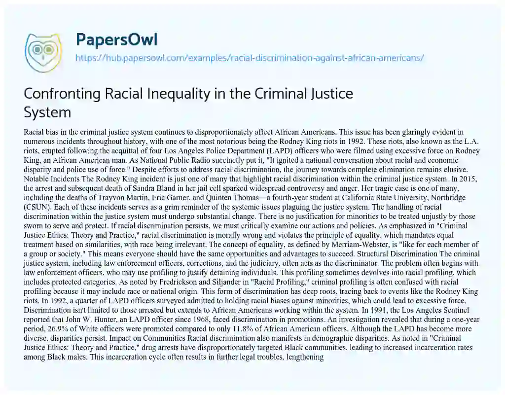 Essay on Confronting Racial Inequality in the Criminal Justice System