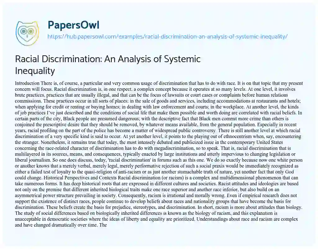 Essay on Racial Discrimination: An Analysis of Systemic Inequality