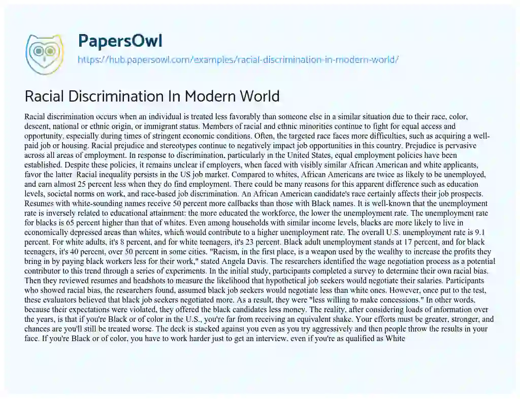 Essay on Racial Discrimination In Modern World