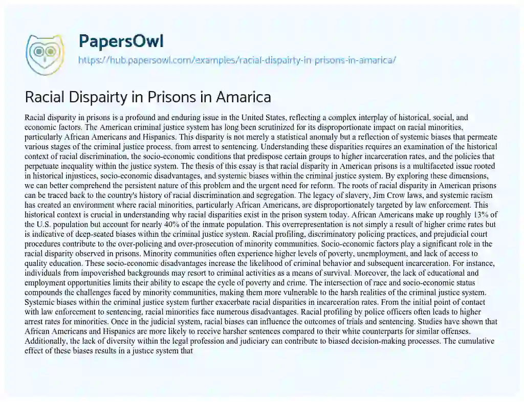 Essay on Racial Dispairty in Prisons in Amarica