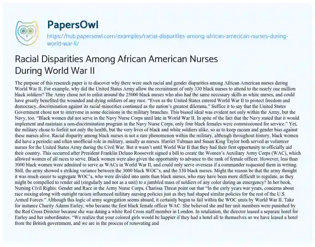 Essay on Racial Disparities Among African American Nurses During World War II