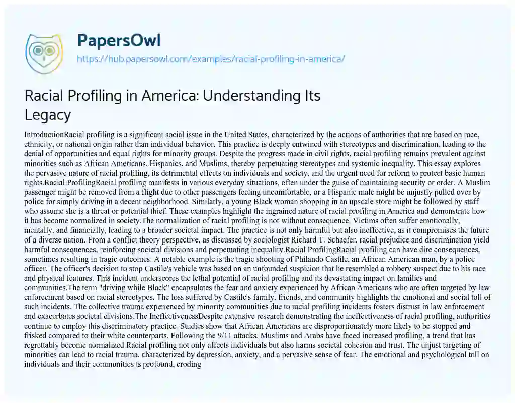 Essay on Racial Profiling in America: Understanding Its Legacy