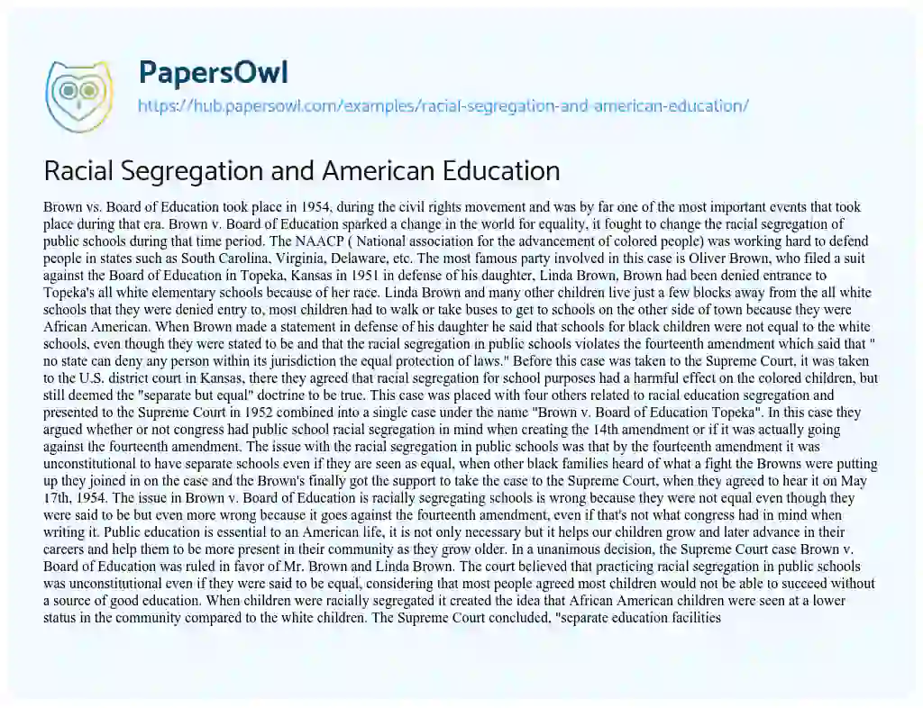 Essay on Racial Segregation and American Education