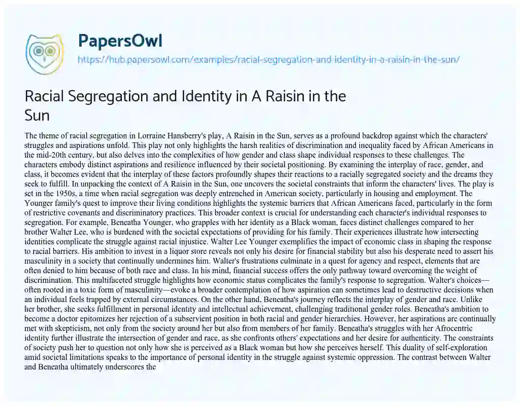 Essay on Racial Segregation and Identity in A Raisin in the Sun