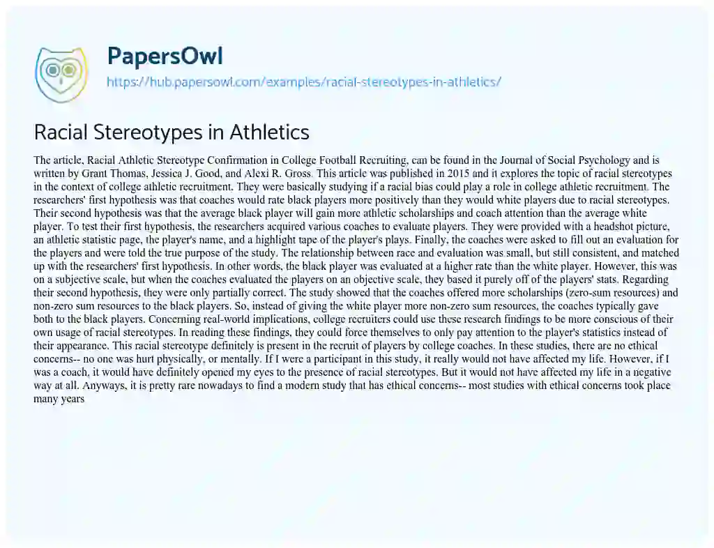 Essay on Racial Stereotypes in Athletics