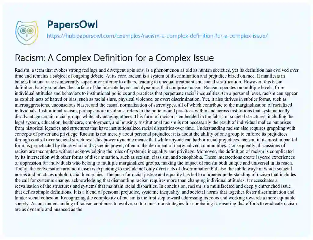 Essay on Racism: A Complex Definition for a Complex Issue