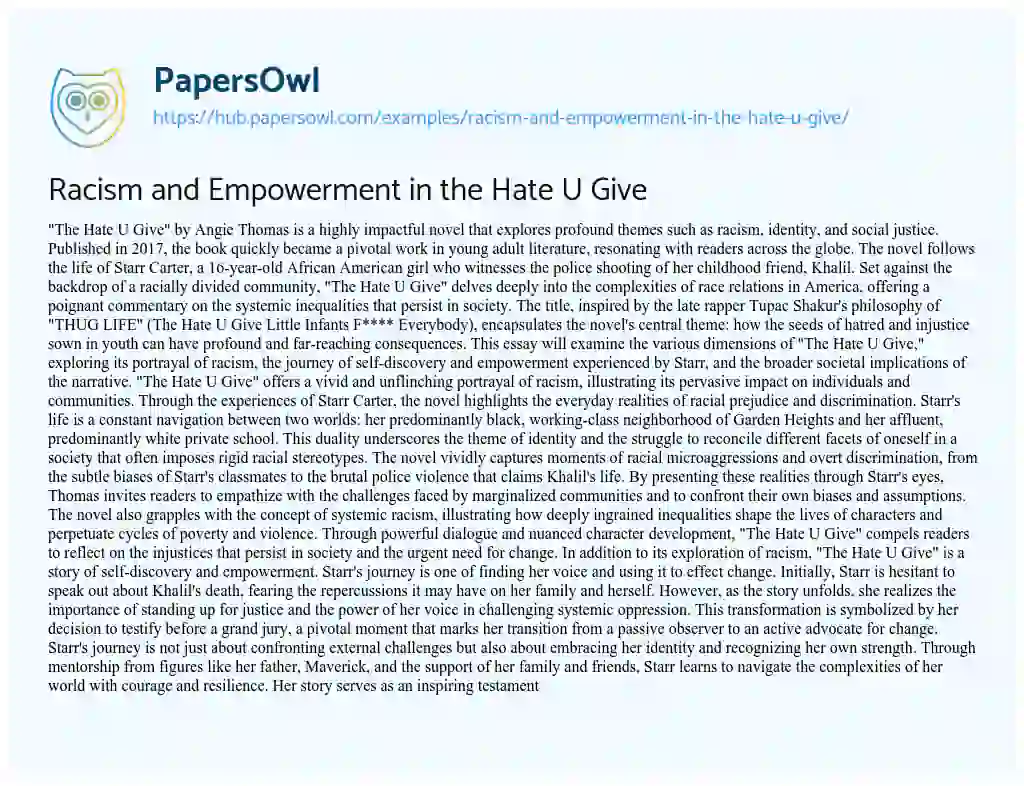 Essay on Racism and Empowerment in the Hate U Give