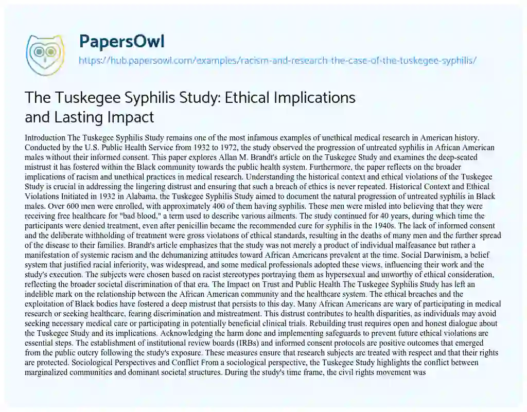 Essay on The Tuskegee Syphilis Study: Ethical Implications and Lasting Impact
