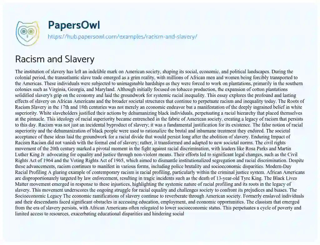 Essay on Racism and Slavery