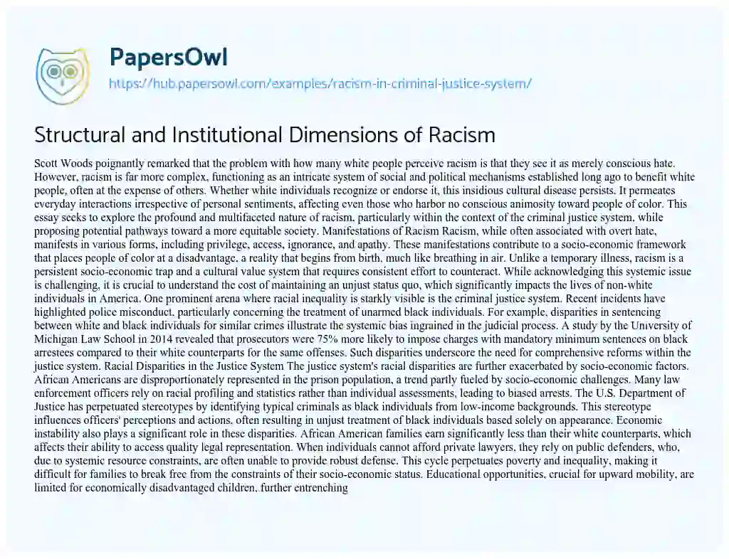 Essay on Structural and Institutional Dimensions of Racism