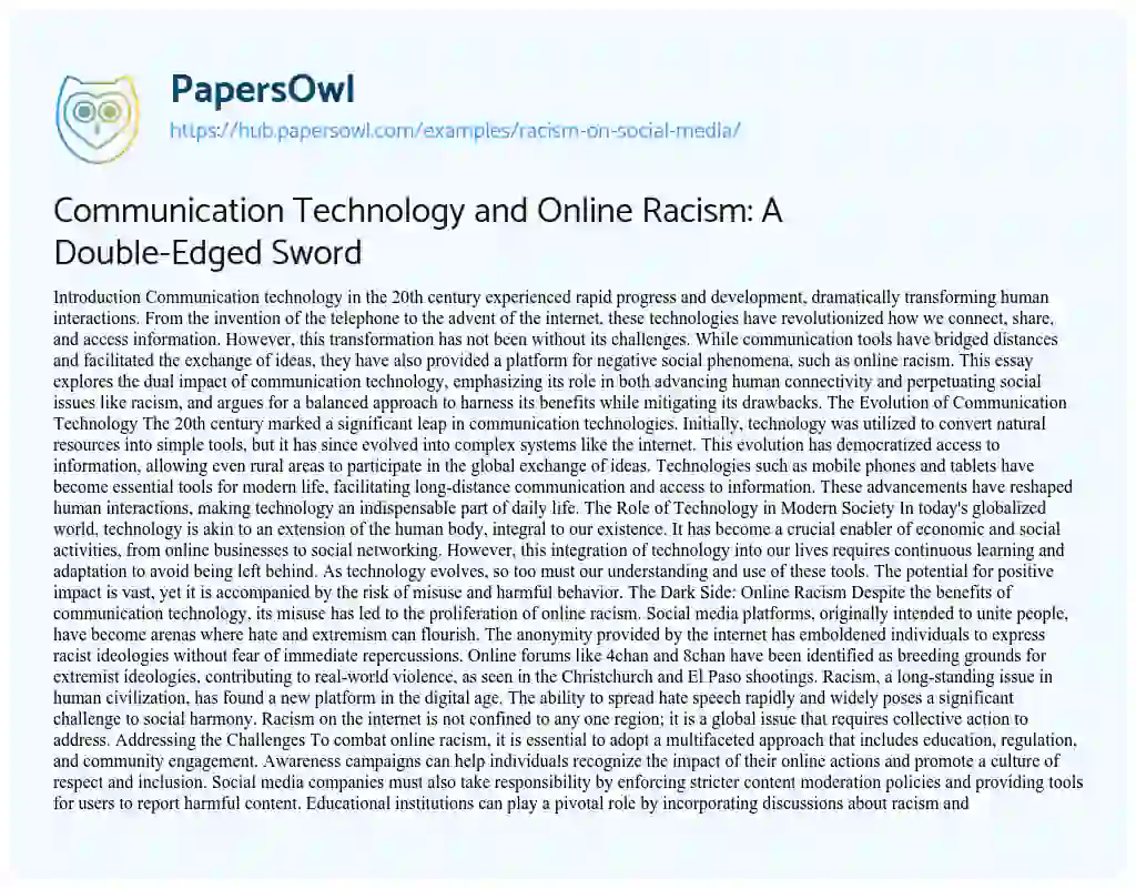 Essay on Communication Technology and Online Racism: A Double-Edged Sword