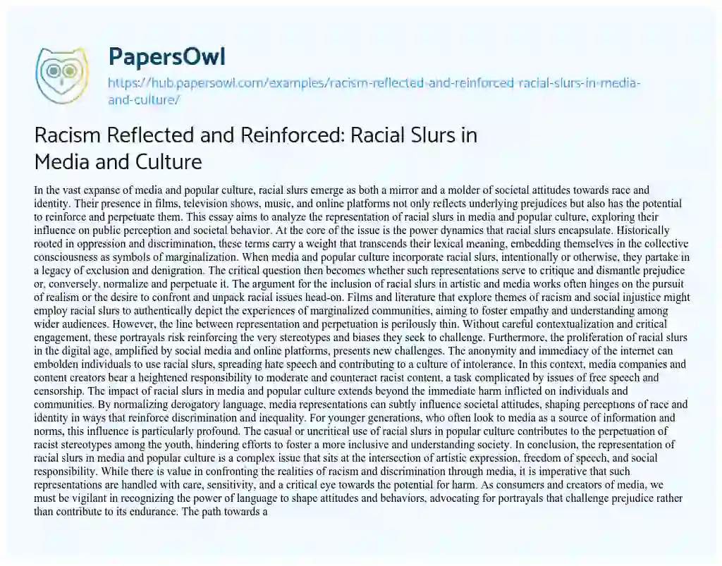 Essay on Racism Reflected and Reinforced: Racial Slurs in Media and Culture