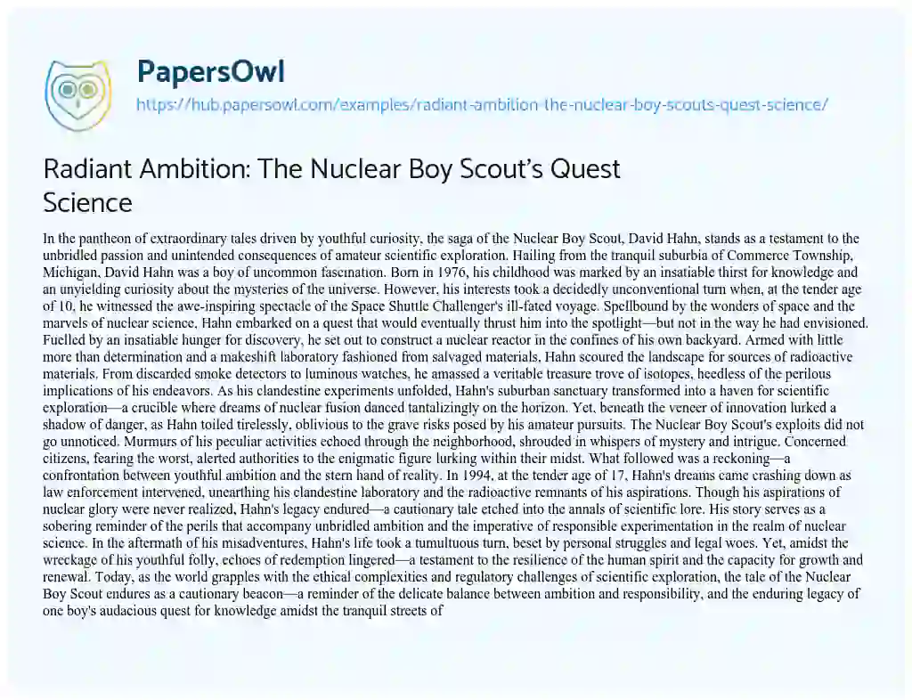 Essay on Radiant Ambition: The Nuclear Boy Scout’s Quest Science