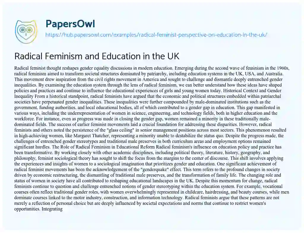Essay on Radical Feminism and Education in the UK