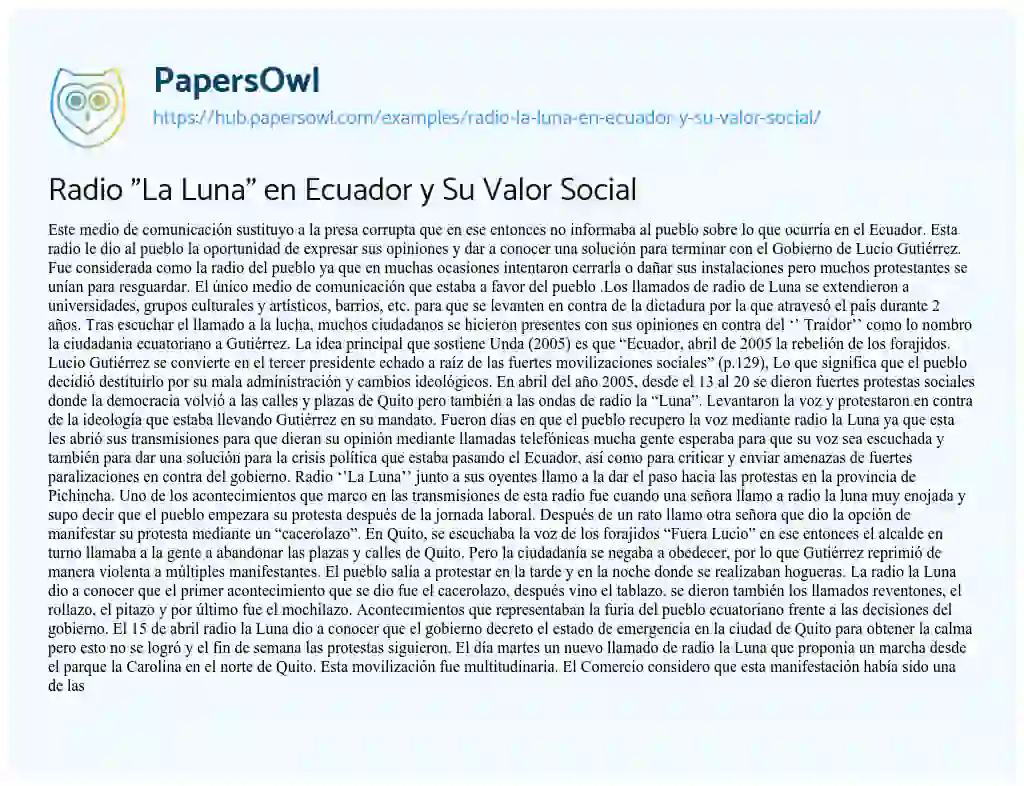 Essay on Radio “La Luna” en Ecuador y Su Valor Social