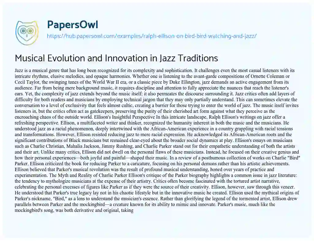 Essay on Musical Evolution and Innovation in Jazz Traditions