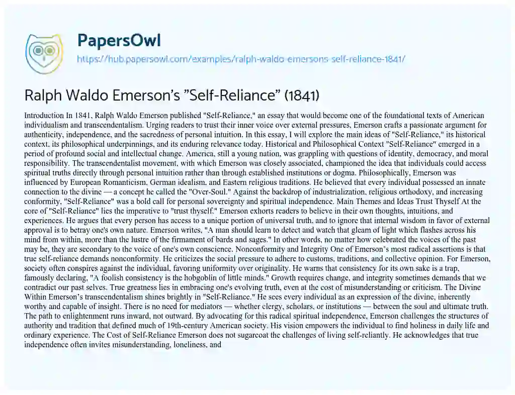 Essay on Ralph Waldo Emerson’s “Self-Reliance” (1841)