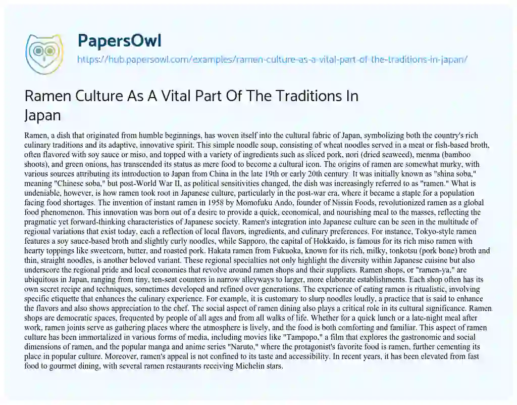 Essay on Ramen Culture As A Vital Part Of The Traditions In Japan