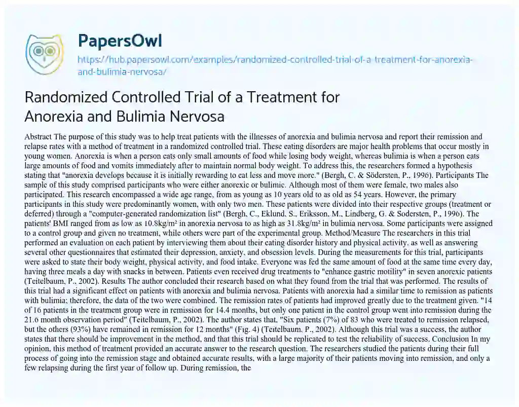 Essay on Randomized Controlled Trial of a Treatment for Anorexia and Bulimia Nervosa