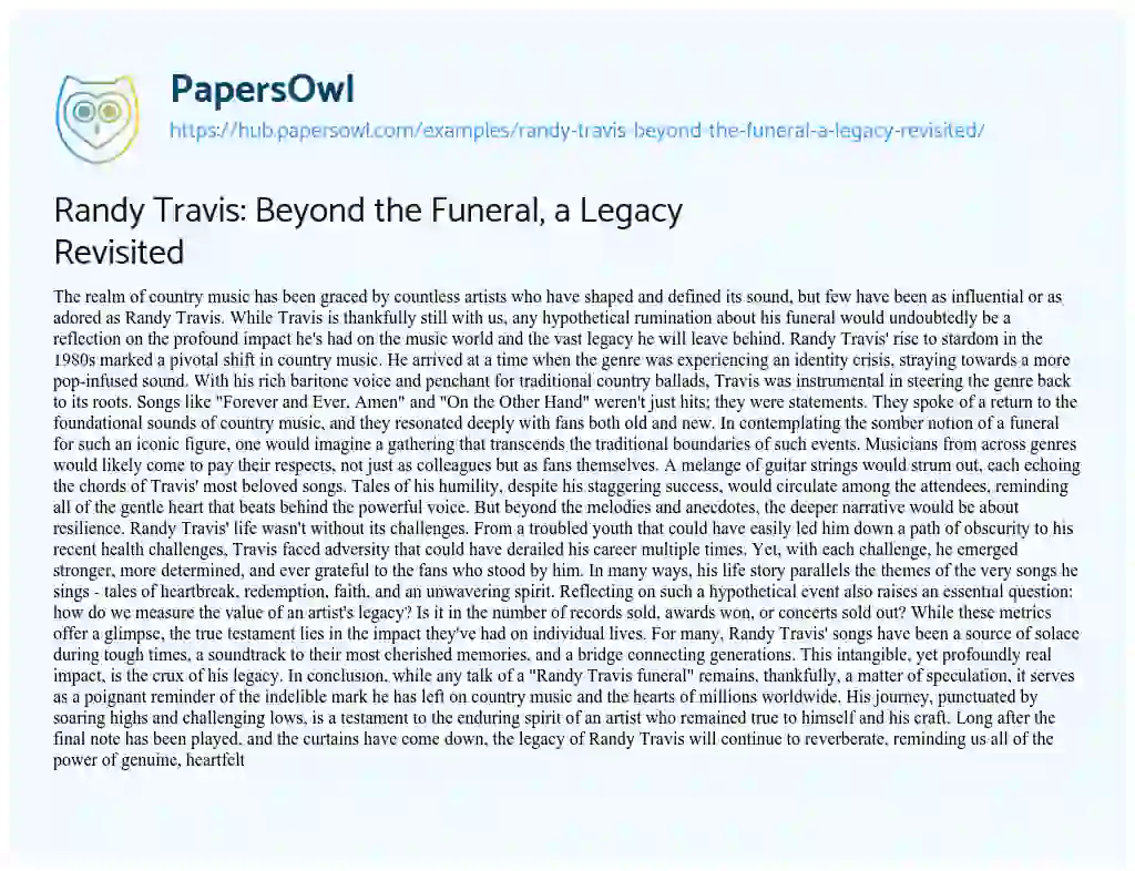 Essay on Randy Travis: Beyond the Funeral, a Legacy Revisited