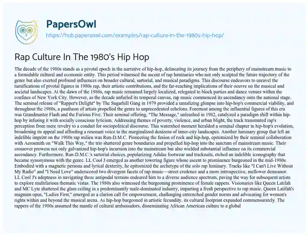 Essay on Rap Culture In The 1980’s Hip Hop