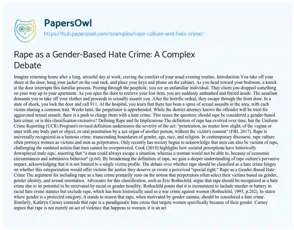 Essay on Rape as a Gender-Based Hate Crime: A Complex Debate
