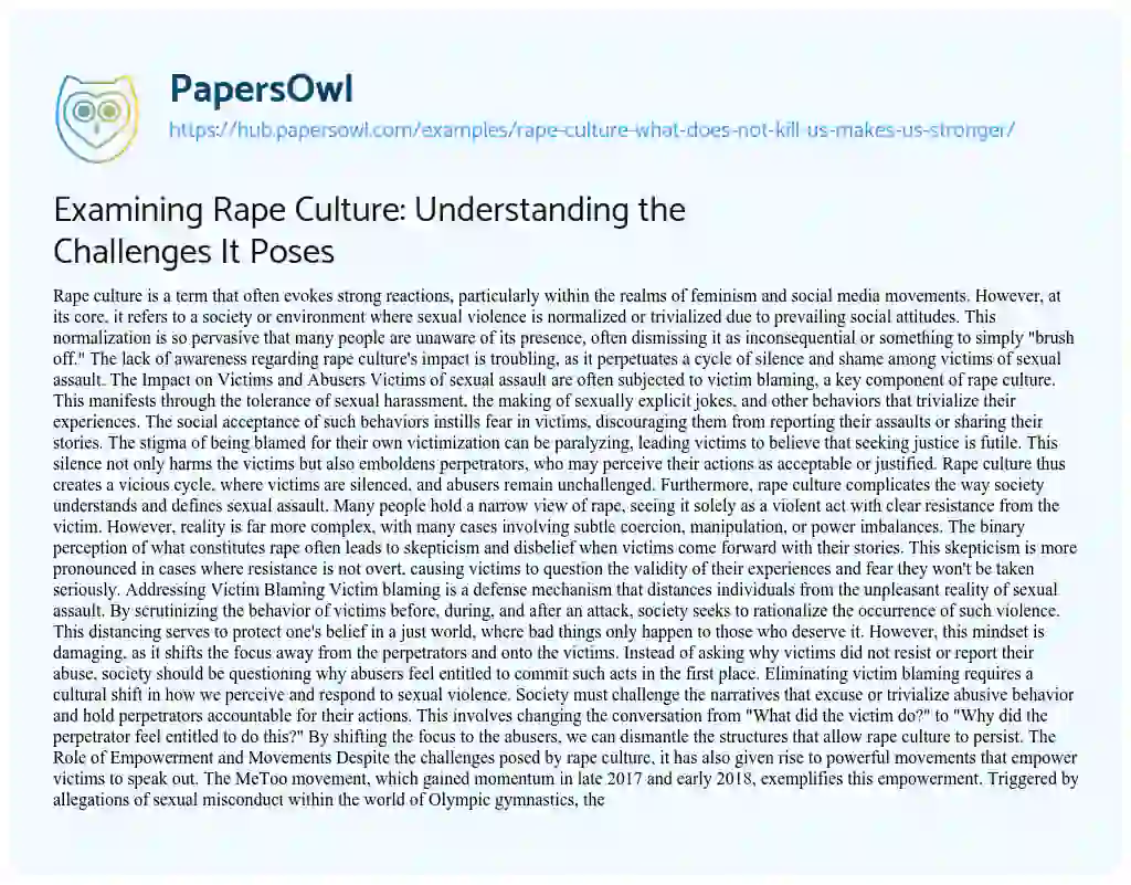 Essay on Examining Rape Culture: Understanding the Challenges It Poses
