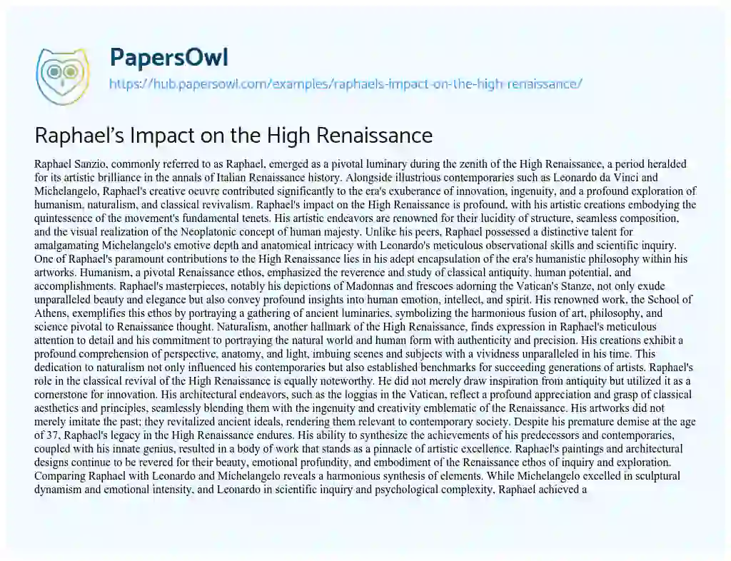 Essay on Raphael’s Impact on the High Renaissance