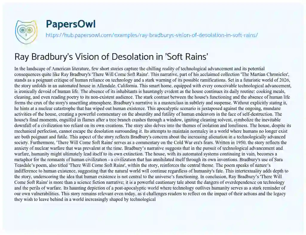 Essay on Ray Bradbury’s Vision of Desolation in ‘Soft Rains’