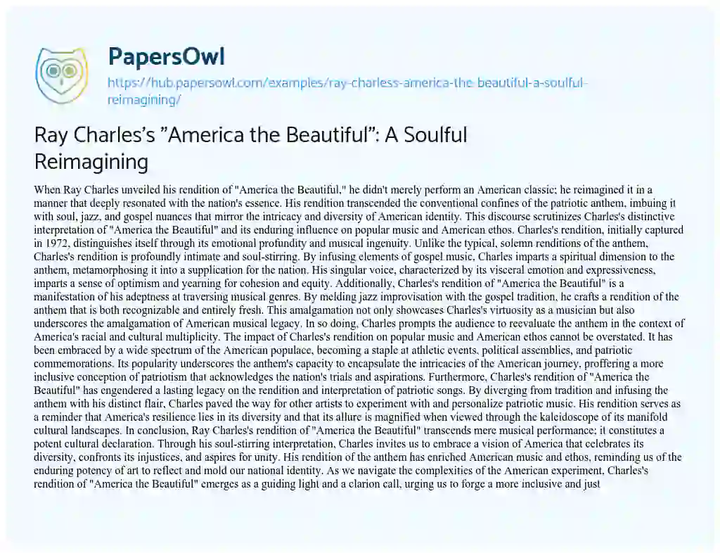 Essay on Ray Charles’s “America the Beautiful”: A Soulful Reimagining