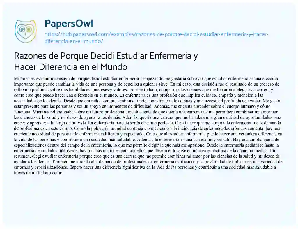Essay on Razones de Porque Decidí Estudiar Enfermería y Hacer Diferencia en el Mundo