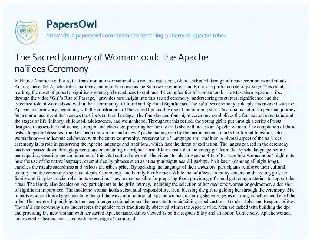 Essay on The Sacred Journey of Womanhood: The Apache na’ii’ees Ceremony