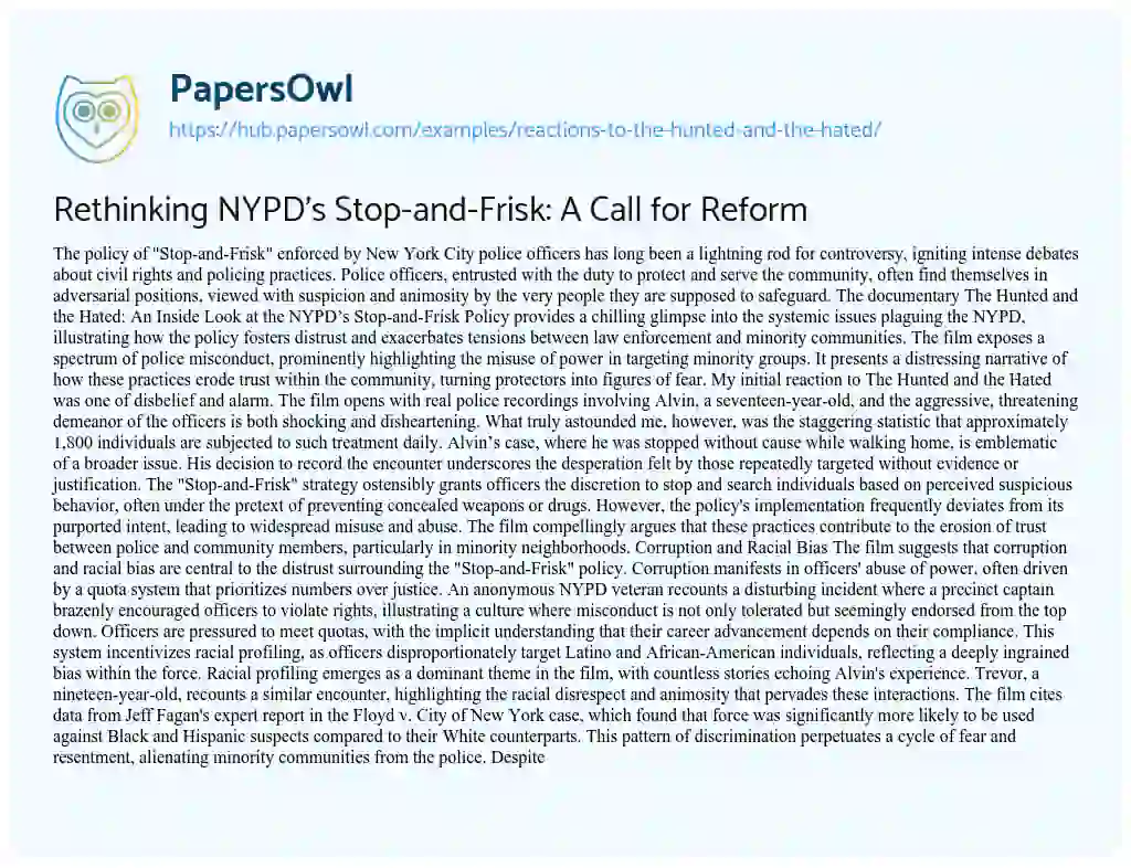 Essay on Rethinking NYPD’s Stop-and-Frisk: A Call for Reform