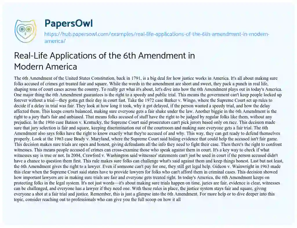 Essay on Real-Life Applications of the 6th Amendment in Modern America