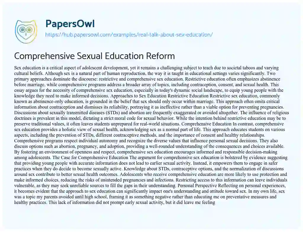 Essay on Comprehensive Sexual Education Reform