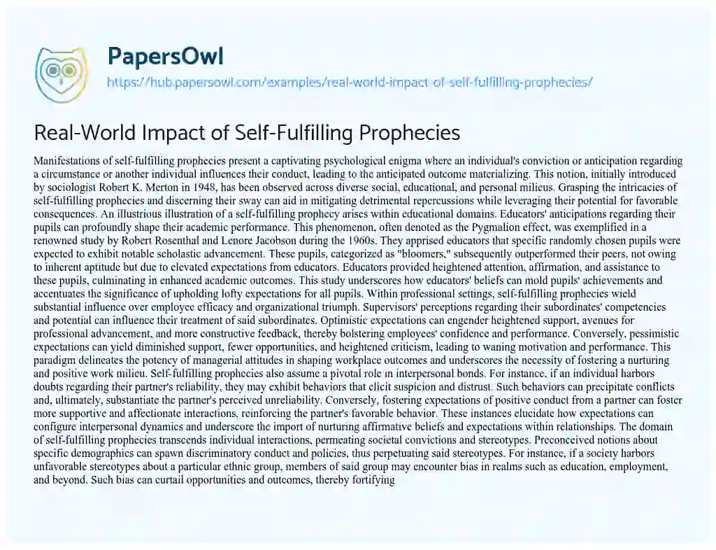 Essay on Real-World Impact of Self-Fulfilling Prophecies