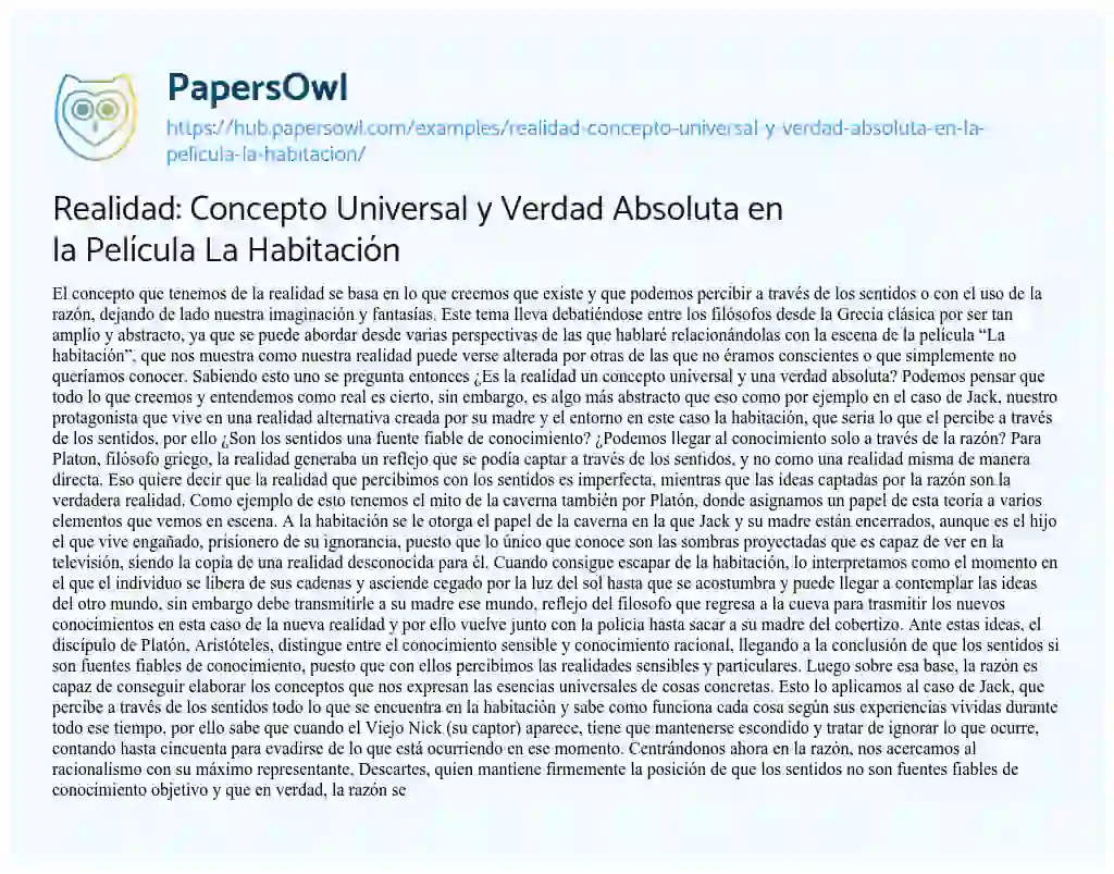 Essay on Realidad: Concepto Universal y Verdad Absoluta en la Película La Habitación