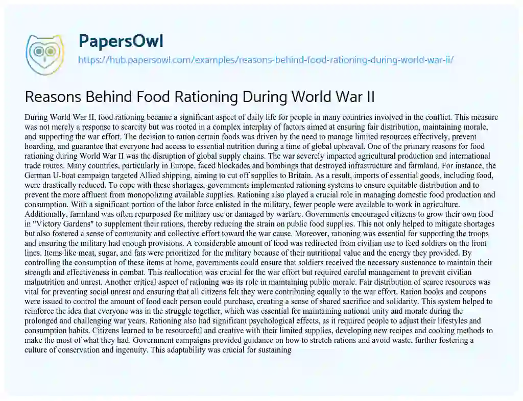 Essay on Reasons Behind Food Rationing During World War II