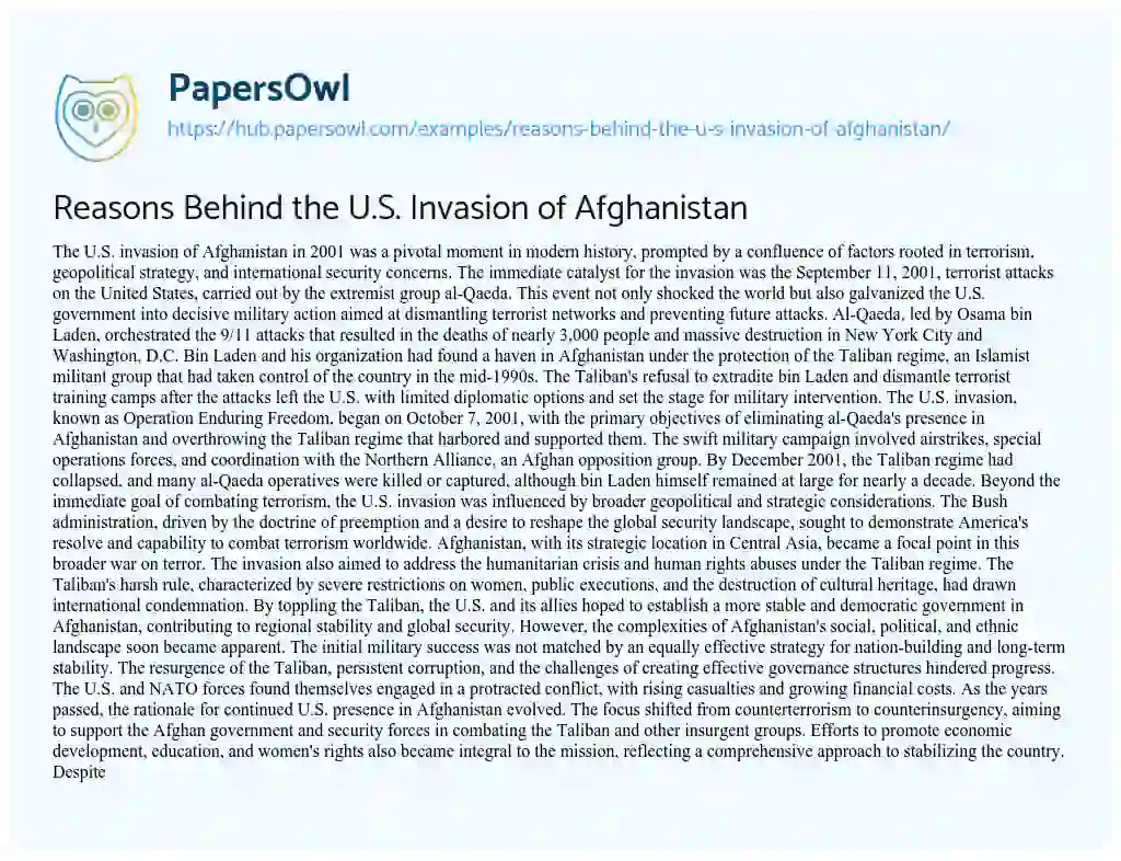 Essay on Reasons Behind the U.S. Invasion of Afghanistan