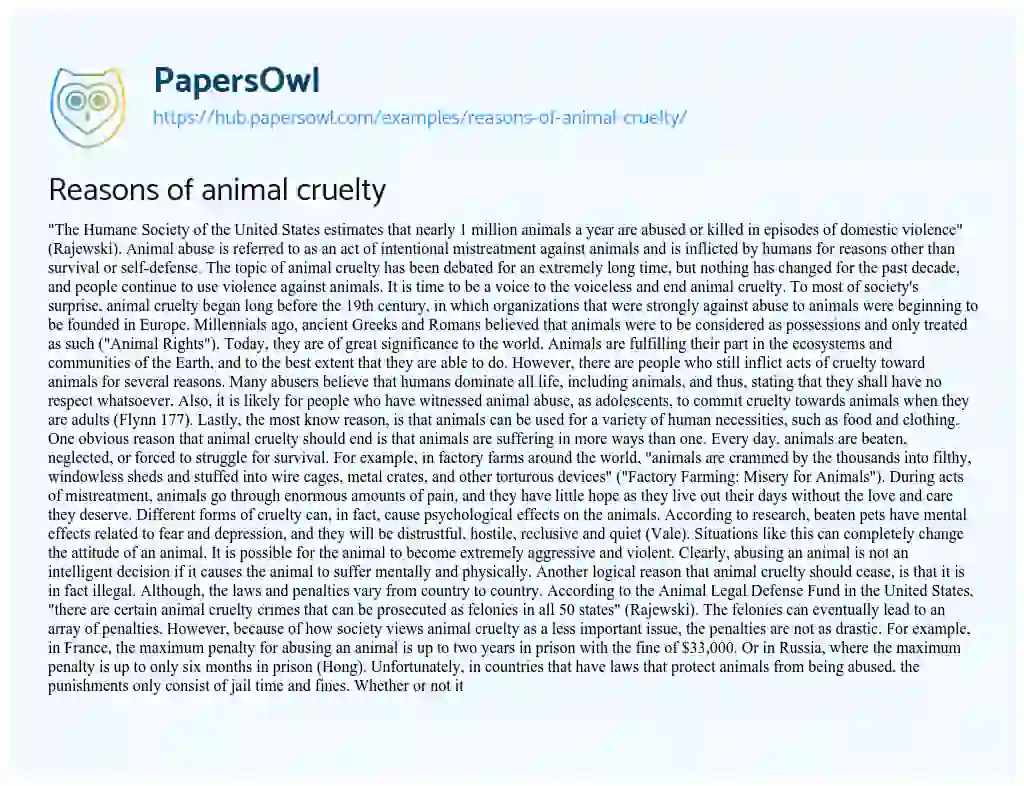 Essay on Reasons of animal cruelty