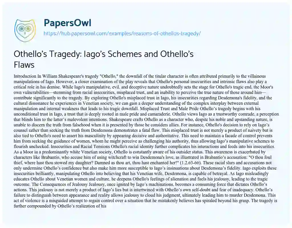 Essay on Othello’s Tragedy: Iago’s Schemes and Othello’s Flaws
