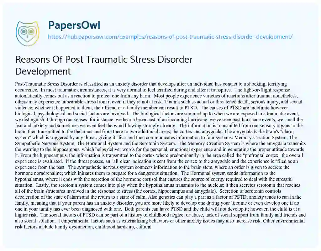 Essay on Reasons Of Post Traumatic Stress Disorder Development