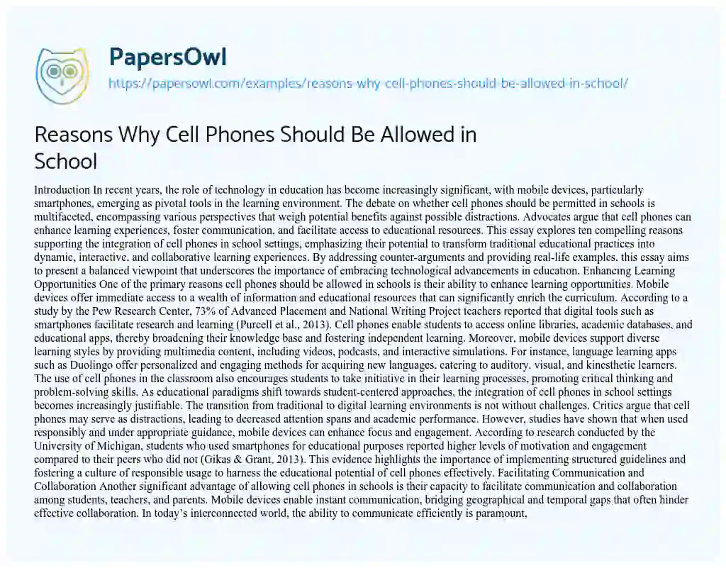 Essay on Reasons Why Cell Phones Should Be Allowed in School