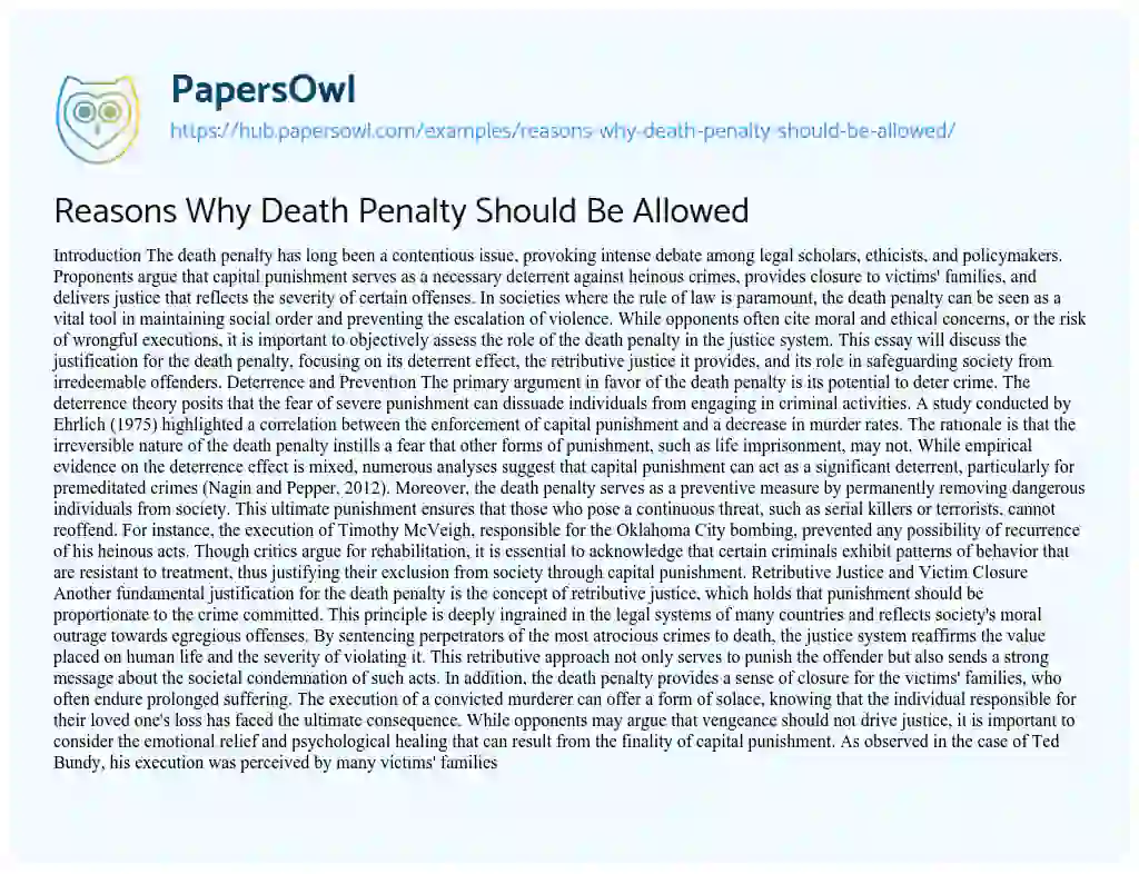 Essay on Reasons Why Death Penalty Should Be Allowed