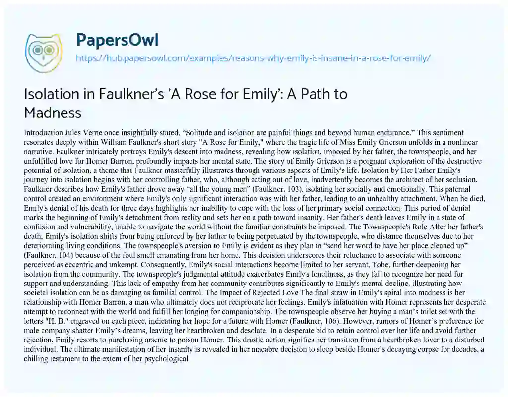Essay on Isolation in Faulkner’s ‘A Rose for Emily’: A Path to Madness