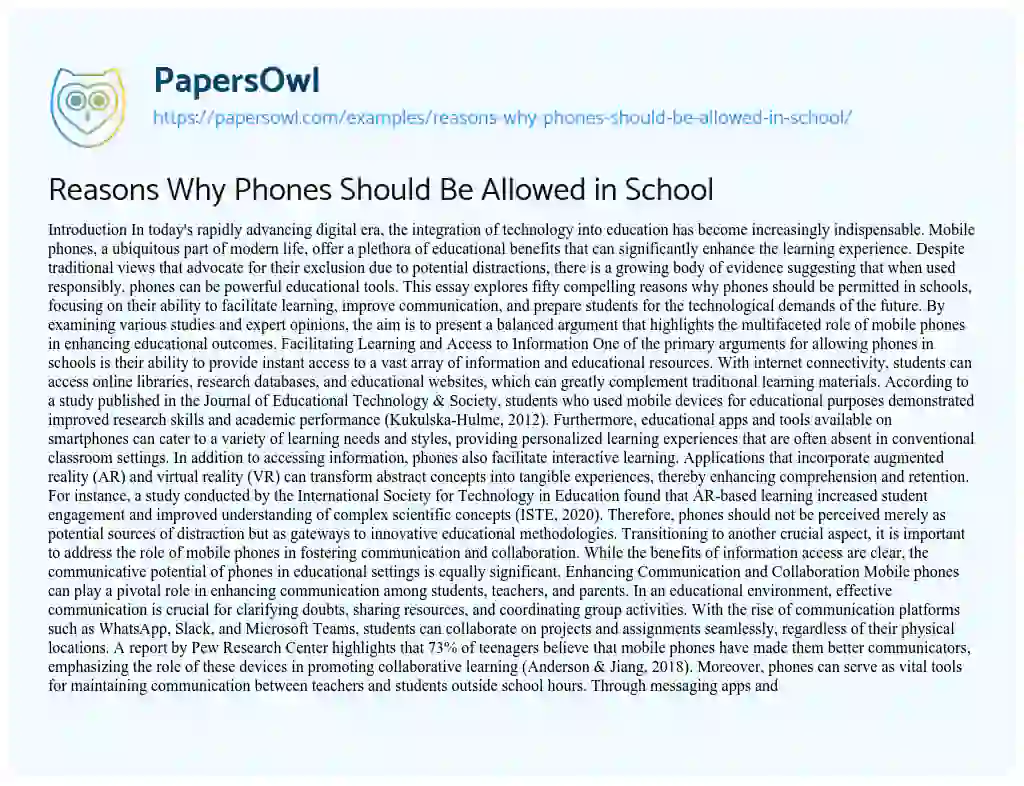 Essay on Reasons Why Phones Should Be Allowed in School