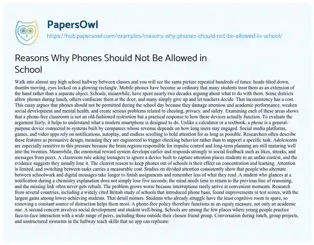 Essay on Reasons Why Phones Should Not Be Allowed in School