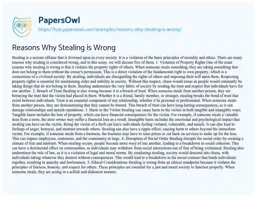 Essay on Reasons Why Stealing is Wrong